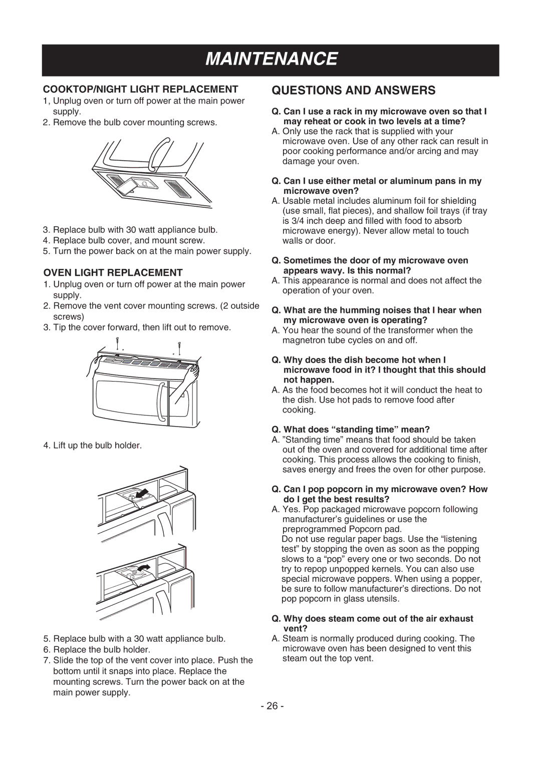 LG Electronics LMV1683ST manual COOKTOP/NIGHT Light Replacement, Oven Light Replacement, What does standing time mean? 