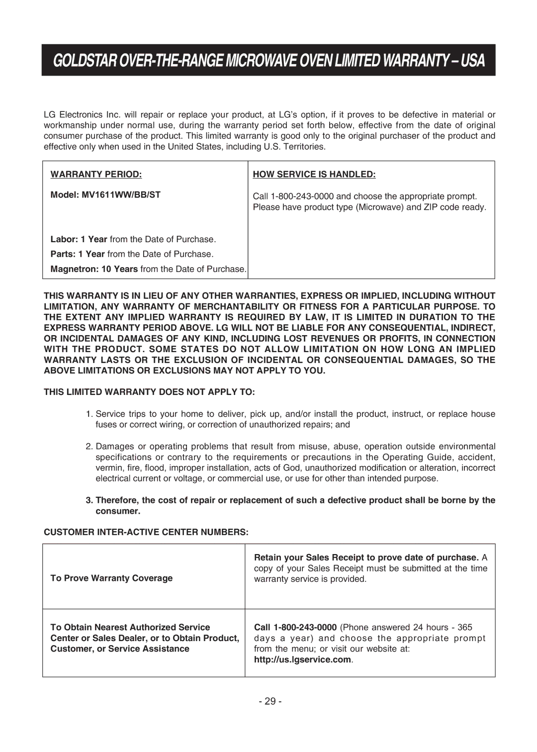 LG Electronics LMV1683ST manual Warranty Period, Model MV16, HOW Service is Handled, Customer INTER-ACTIVE Center Numbers 