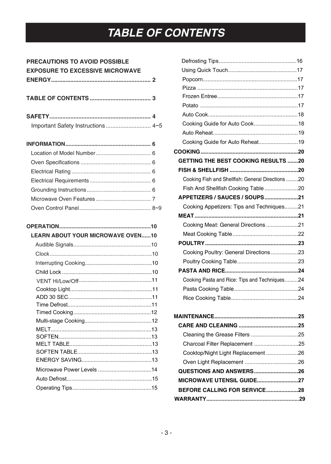 LG Electronics LMV1683ST manual Table of Contents 