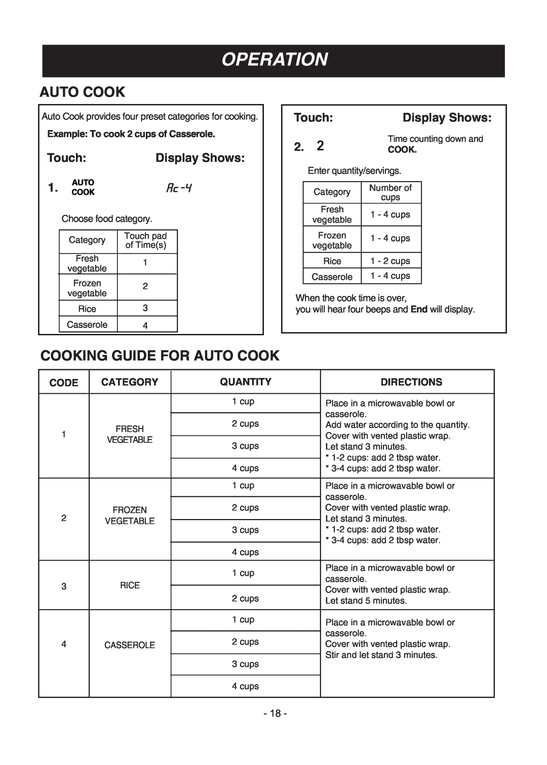 LG Electronics LMV1683ST manual Cooking Guide For Auto Cook, Code, Category, Quantity, Directions, Operation, Touch 