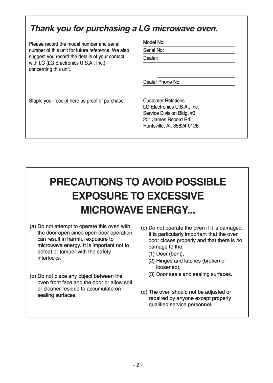 LG Electronics LMV1683ST manual Precautions To Avoid Possible, Exposure To Excessive Microwave Energy 