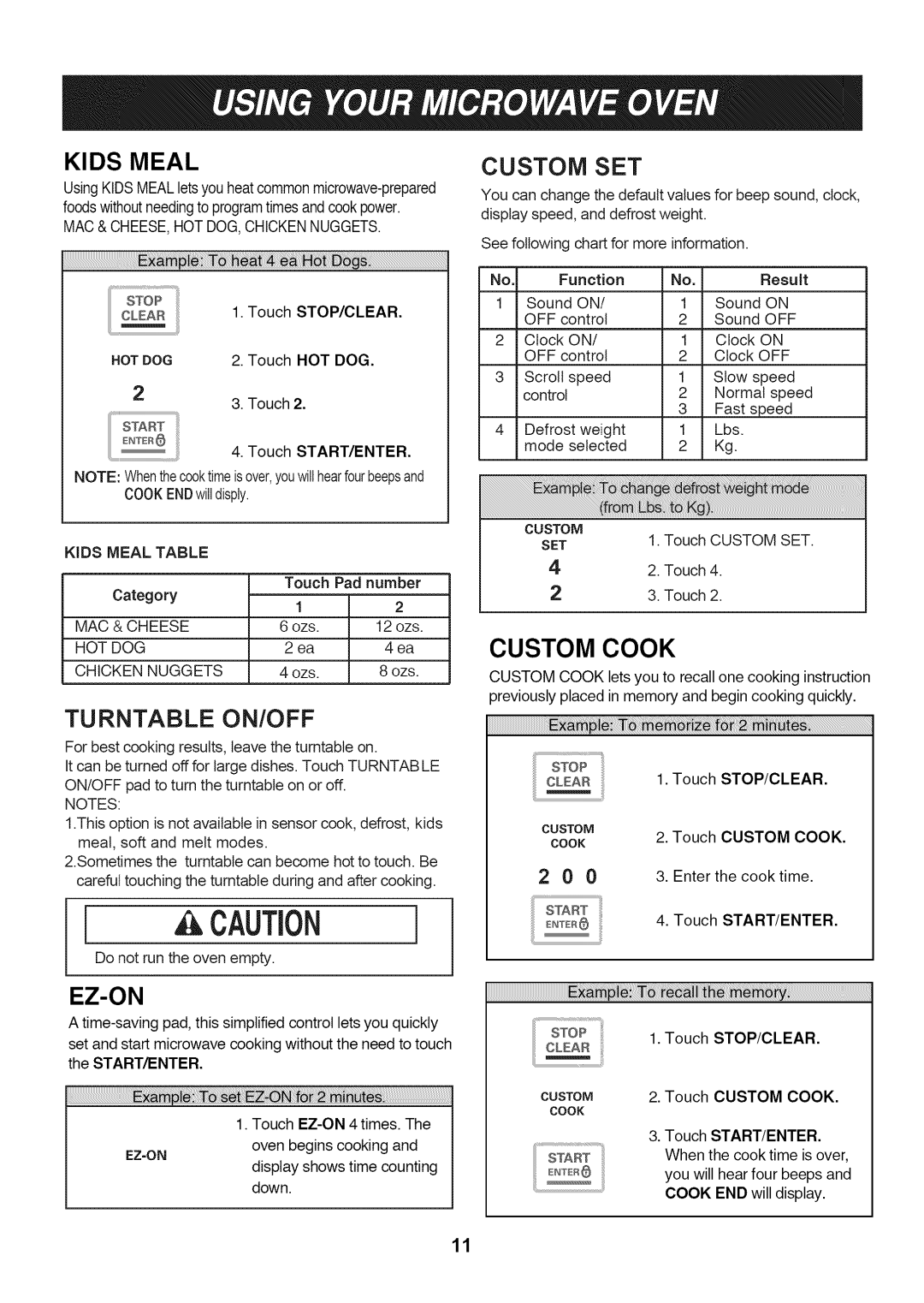 LG Electronics LMV1813SW, LMV1813ST, LMV1813SB owner manual Kids Meal, Turntable ON/OFF, Custom SET, Ez-On 