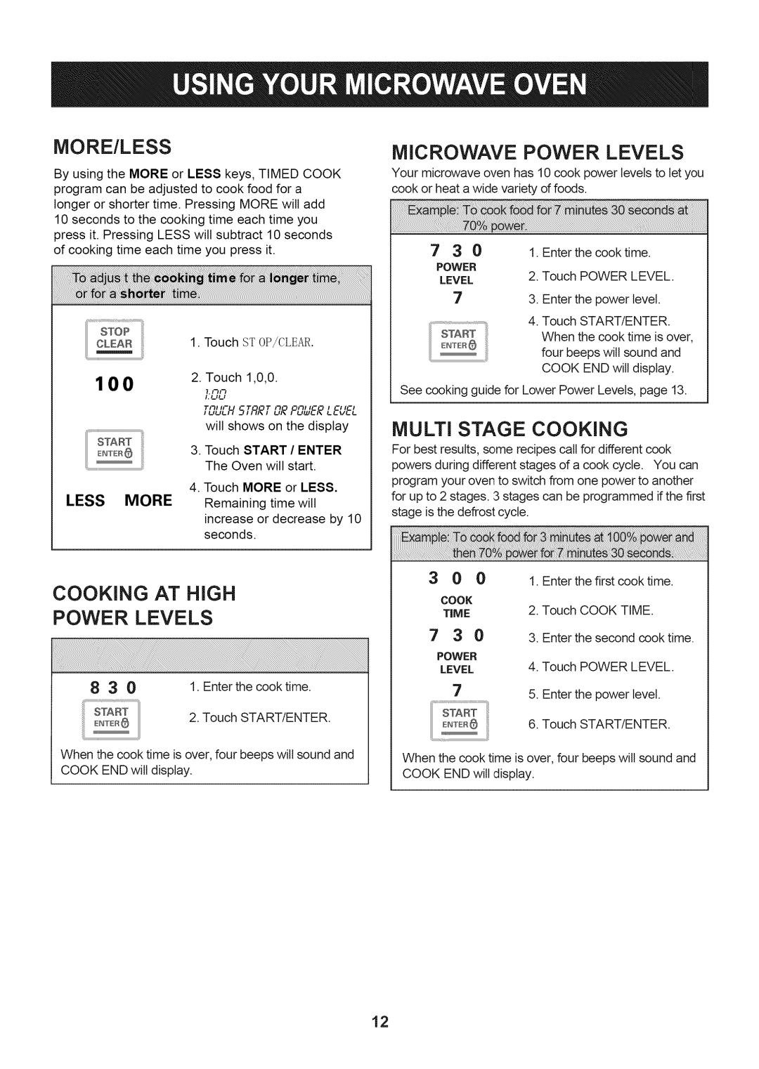 LG Electronics LMV1813ST, LMV1813SB, LMV1813SW More/Less, Microwave Power Levels, Multi Stage Cooking, Cooking AT High 