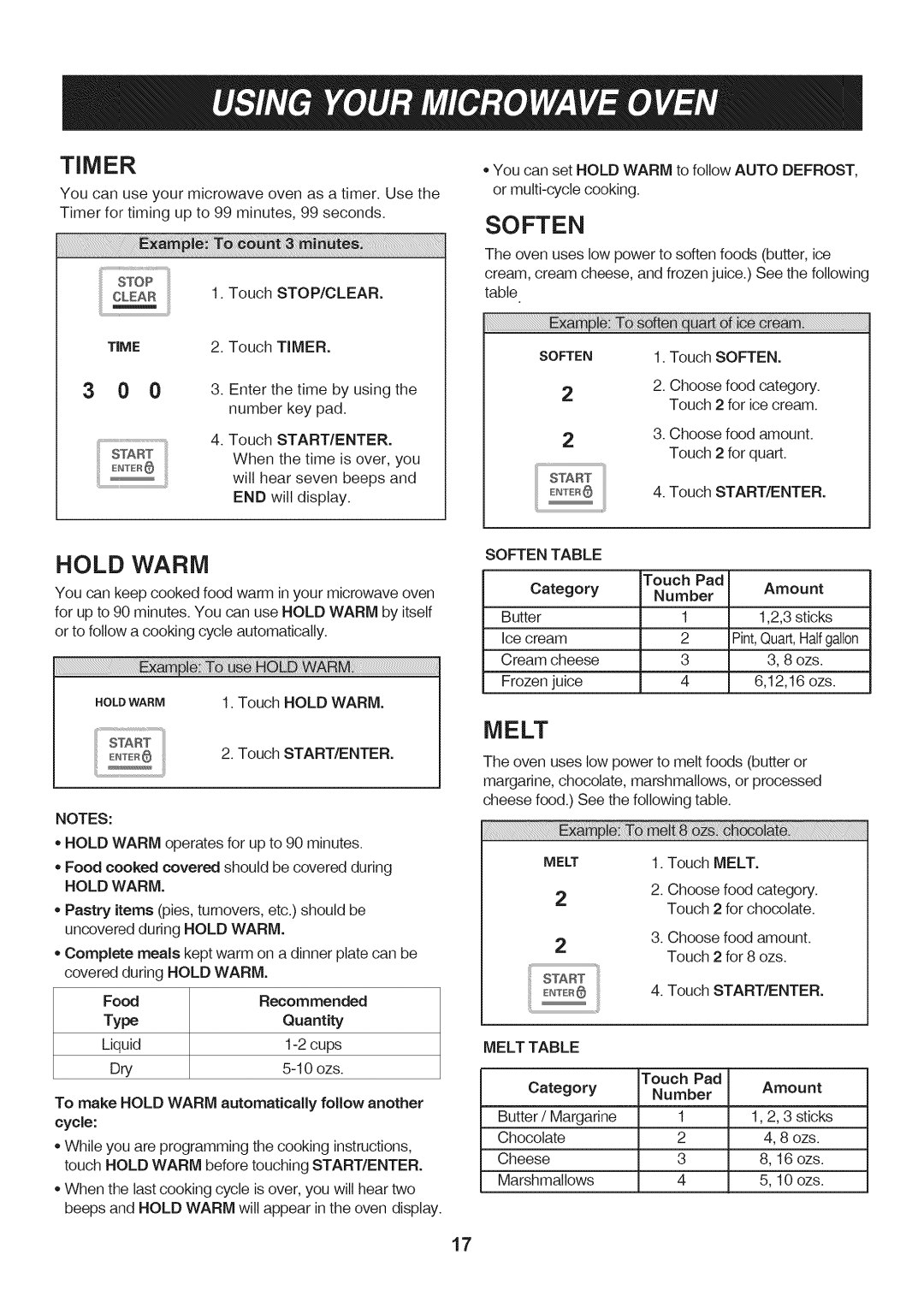 LG Electronics LMV1813SW, LMV1813ST, LMV1813SB owner manual Timer, Hold Warm, Soften, Melt 