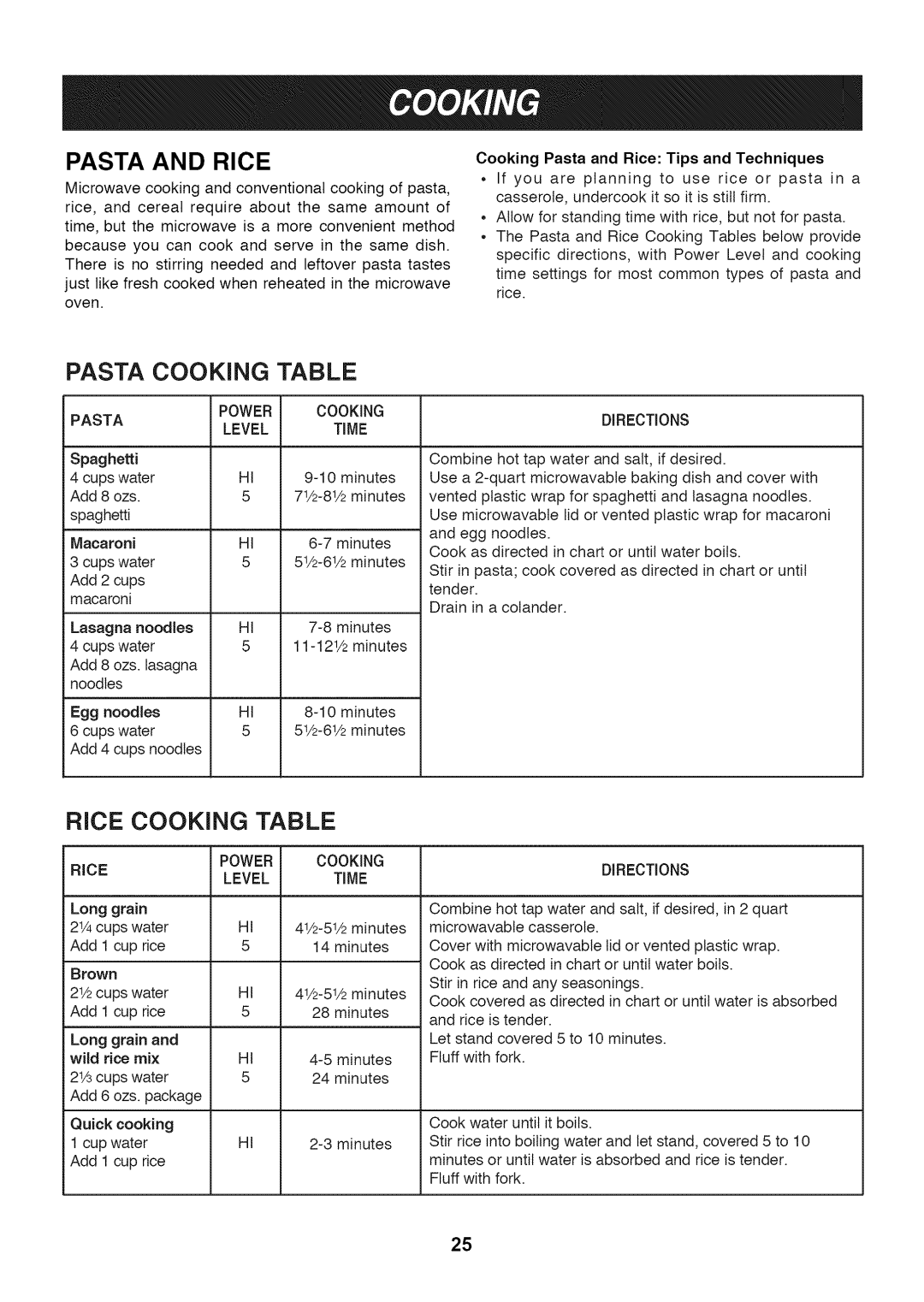 LG Electronics LMV1813SB, LMV1813ST, LMV1813SW owner manual Pasta and Rice, Pasta Cooking Table, Rice Cooking Table 