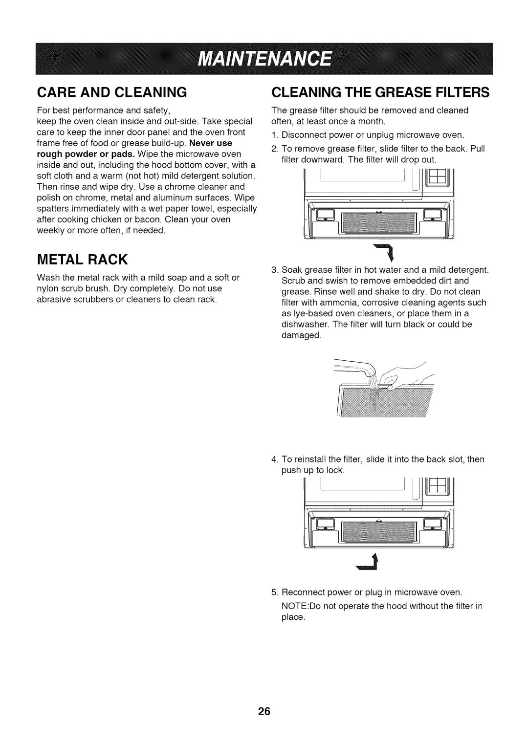 LG Electronics LMV1813SW, LMV1813ST, LMV1813SB owner manual Care and Cleaning, Cleaning the Grease Filters 