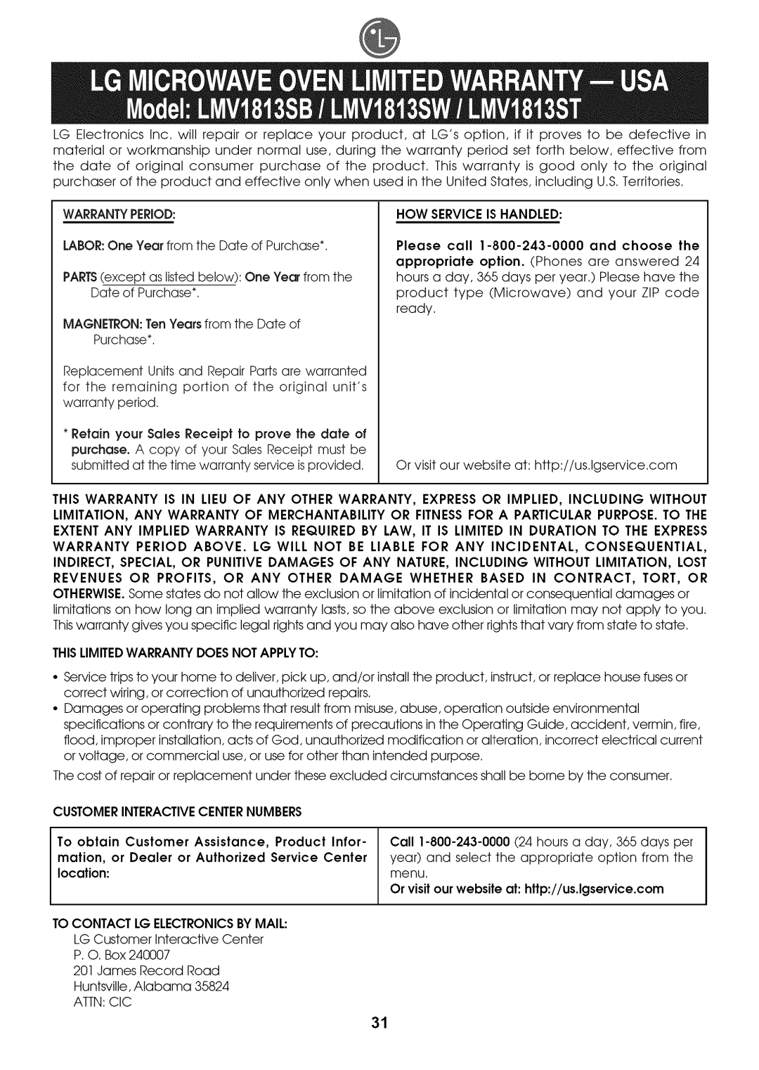 LG Electronics LMV1813SB Warranty Period, HOW Service is Handled, This Limitedwarranty does not Apply to, Attn CIC 