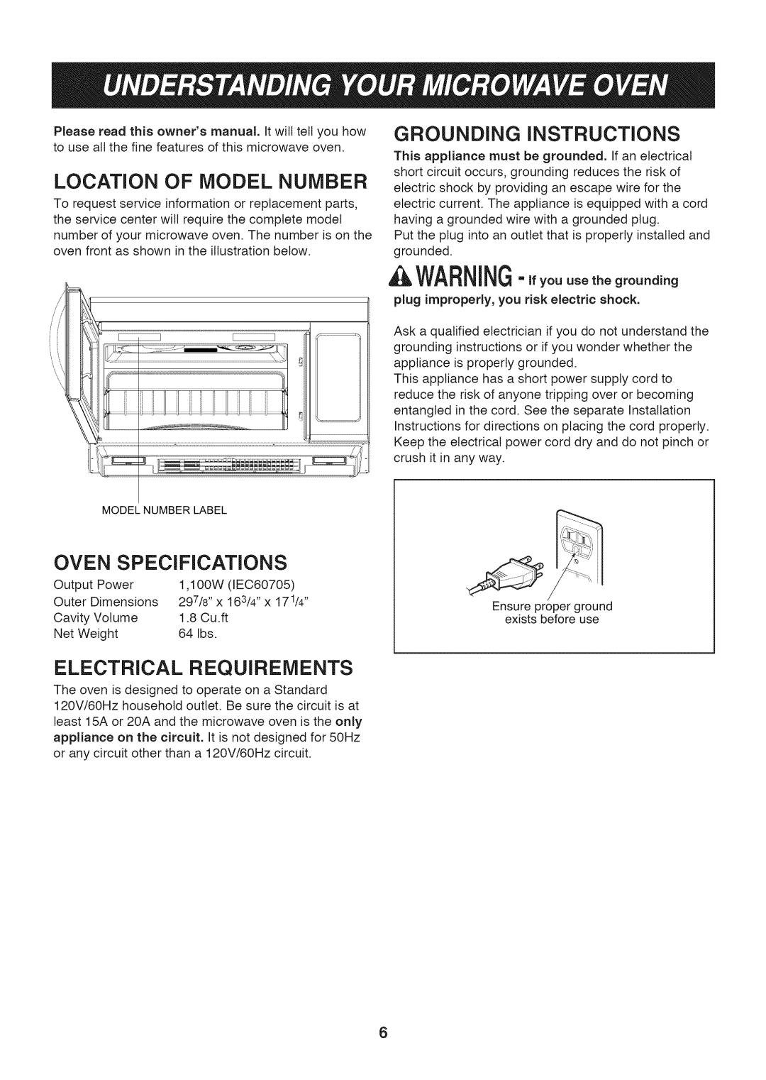 LG Electronics LMV1813ST Location Of Model Number, Grounding Instructions, Oven Specifications, Electrical Requirements 