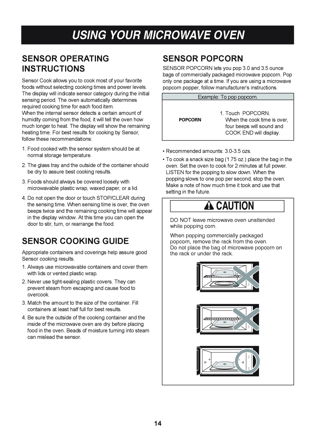 LG Electronics LMV1813SW Sensor Operating Instructions, Sensor Cooking Guide, Sensor Popcorn, Using Your Microwave Oven 