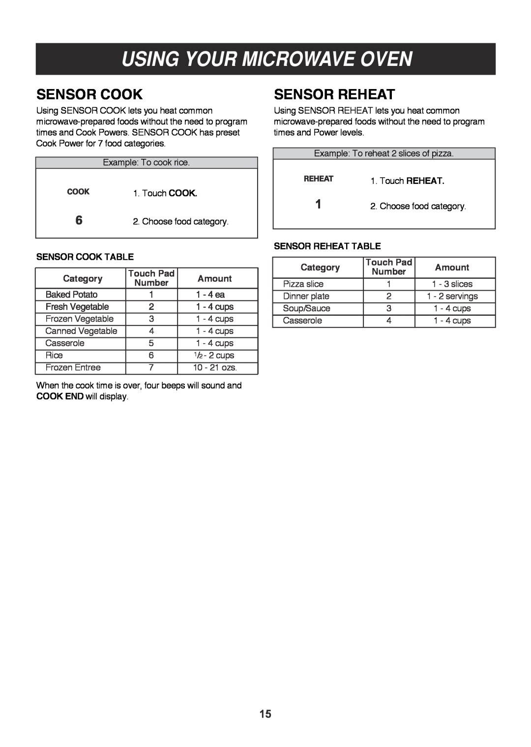 LG Electronics LMV1813ST, LMV1813SB, LMV1813SW owner manual Sensor Cook, Sensor Reheat, Using Your Microwave Oven 