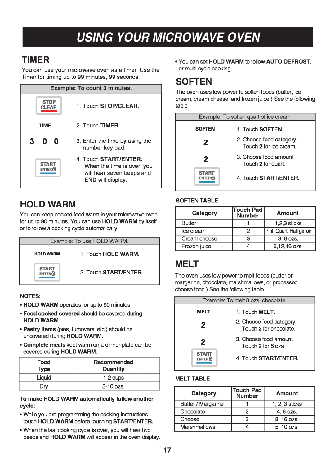 LG Electronics LMV1813SW, LMV1813ST, LMV1813SB owner manual Timer, Hold Warm, Soften, Melt, Using Your Microwave Oven 