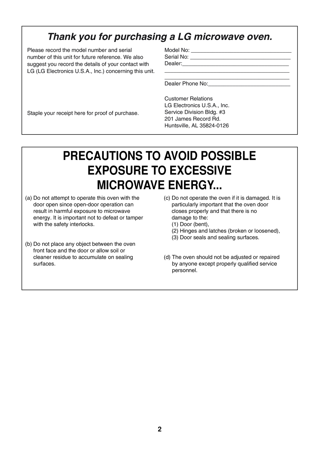 LG Electronics LMV1813SW, LMV1813ST, LMV1813SB Precautions To Avoid Possible Exposure To Excessive Microwave Energy 