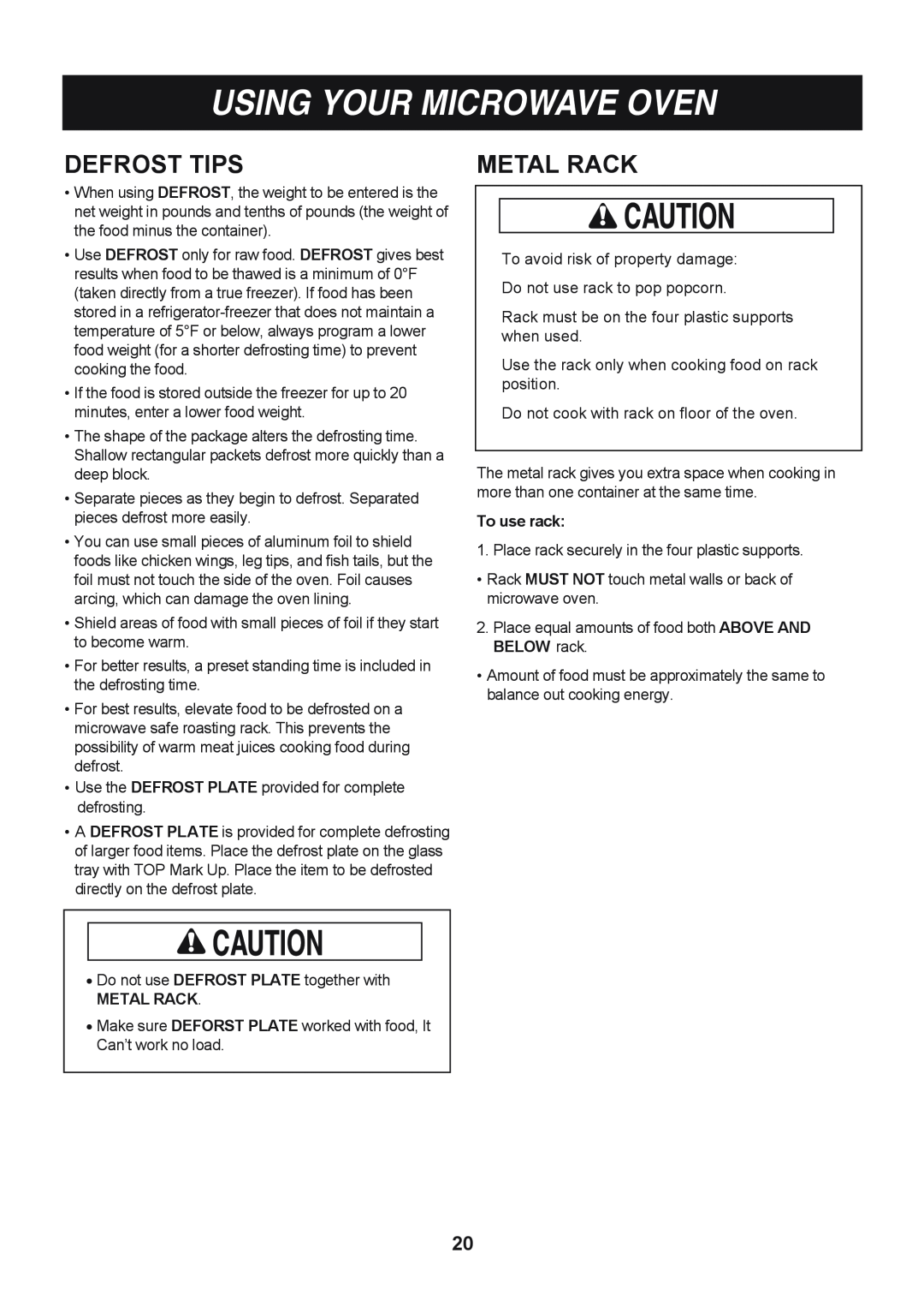 LG Electronics LMV1813SW, LMV1813ST, LMV1813SB owner manual Defrost Tips, Metal Rack, Using Your Microwave Oven, To use rack 