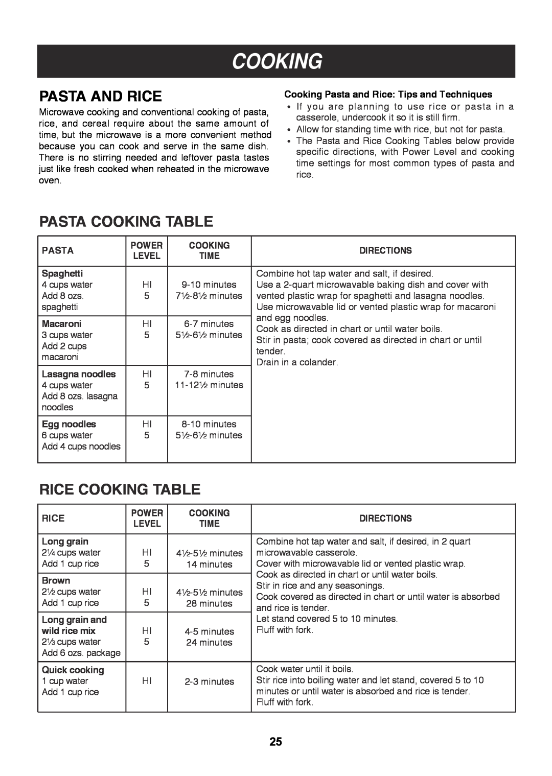 LG Electronics LMV1813SB, LMV1813ST, LMV1813SW owner manual Pasta And Rice, Pasta Cooking Table, Rice Cooking Table 