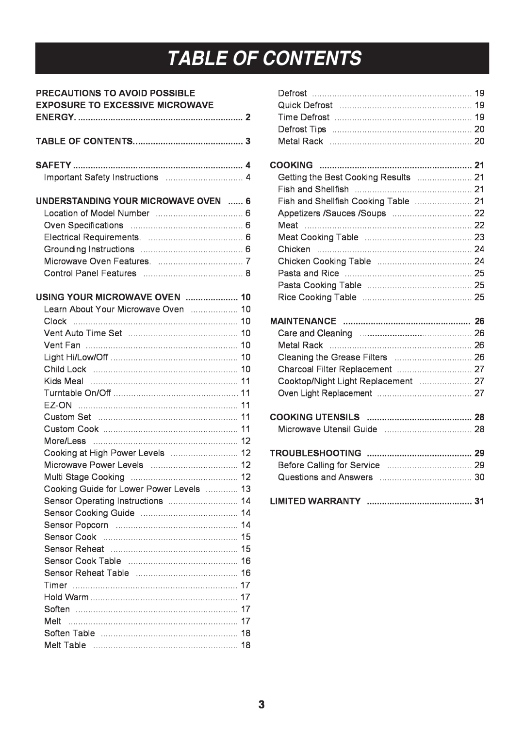 LG Electronics LMV1813ST, LMV1813SB, LMV1813SW owner manual Table Of Contents 