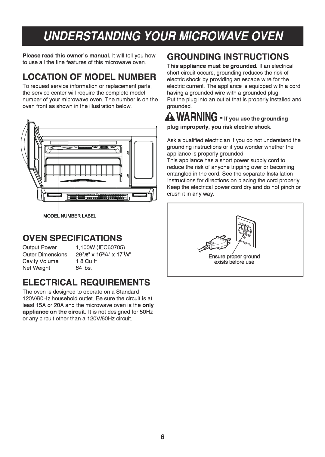 LG Electronics LMV1813ST, LMV1813SB Understanding Your Microwave Oven, Location Of Model Number, Grounding Instructions 