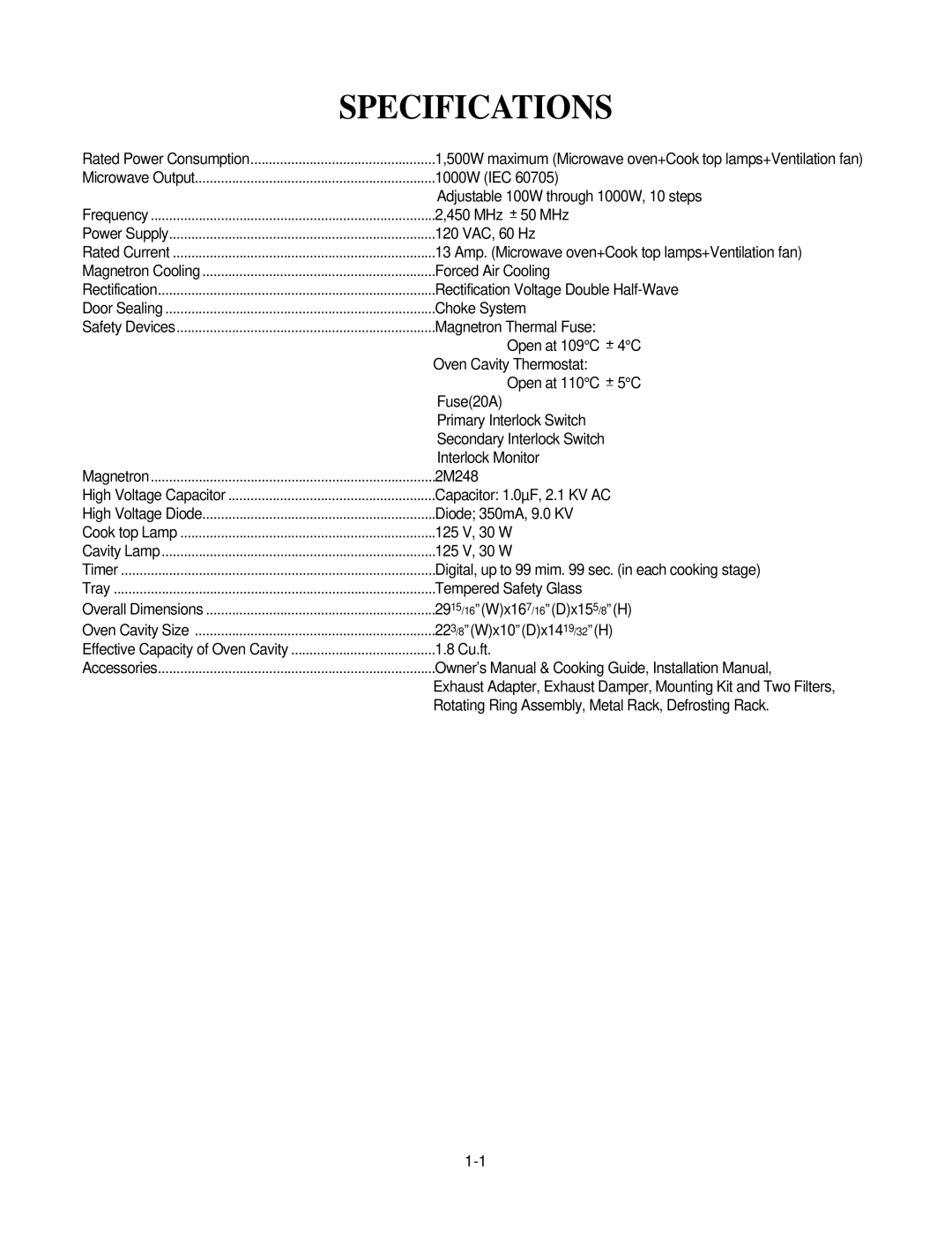 LG Electronics LMV1825SBQ, MV1825SW service manual Specifications 