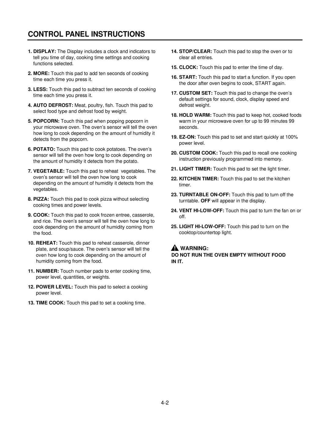 LG Electronics MV1825SW, LMV1825SBQ service manual Control Panel Instructions 