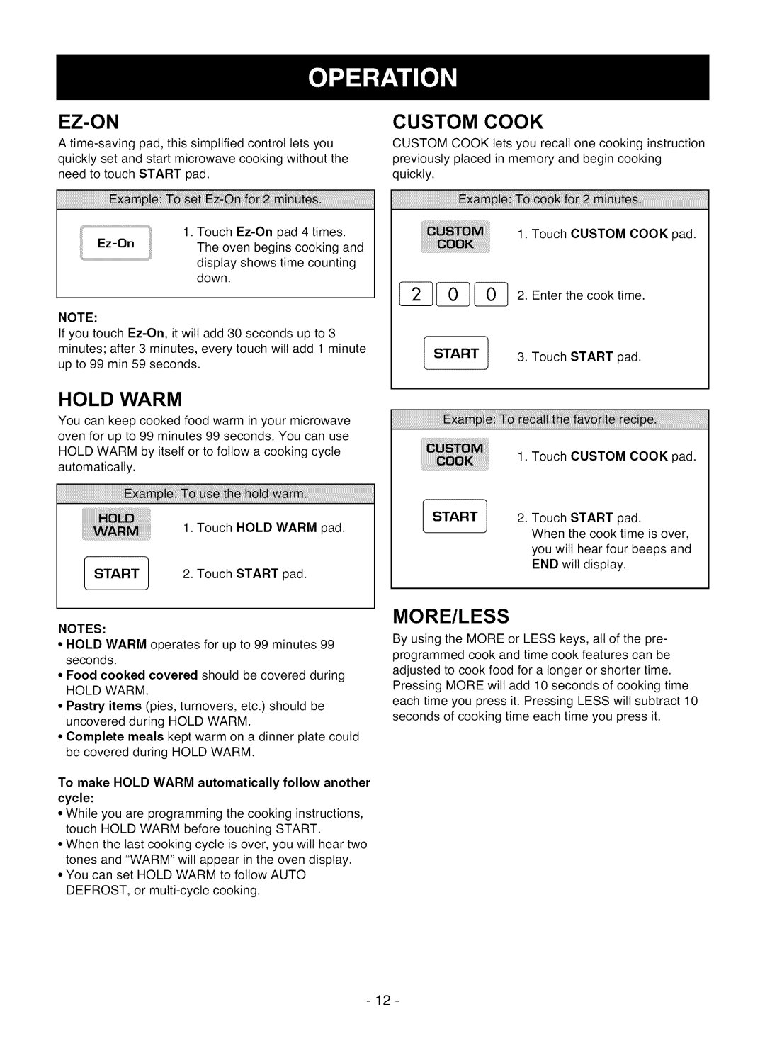 LG Electronics LMV1825SW owner manual Ez-On, More/Less, Start 