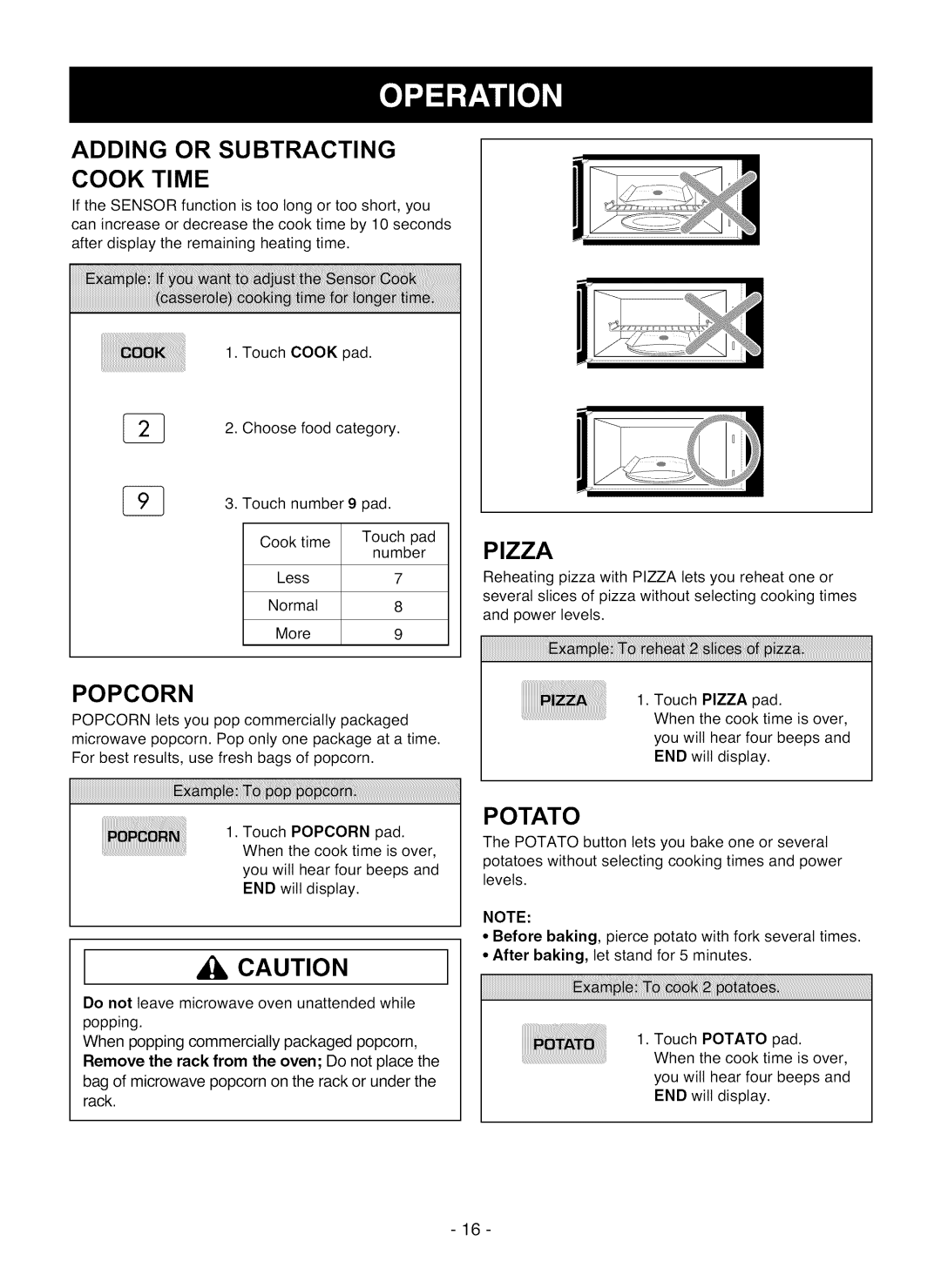 LG Electronics LMV1825SW owner manual Adding or Subtracting Cook Time, Popcorn, Pizza, Potato 