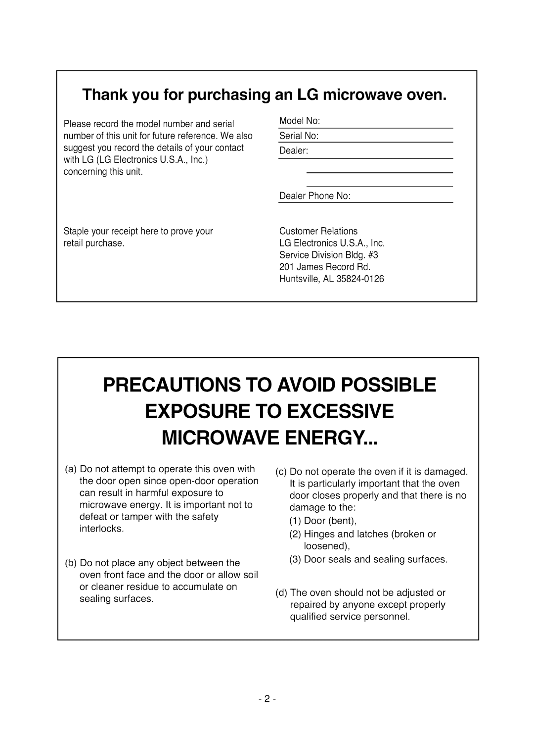 LG Electronics LMV1825SW owner manual Thank you for purchasing an LG microwave oven 