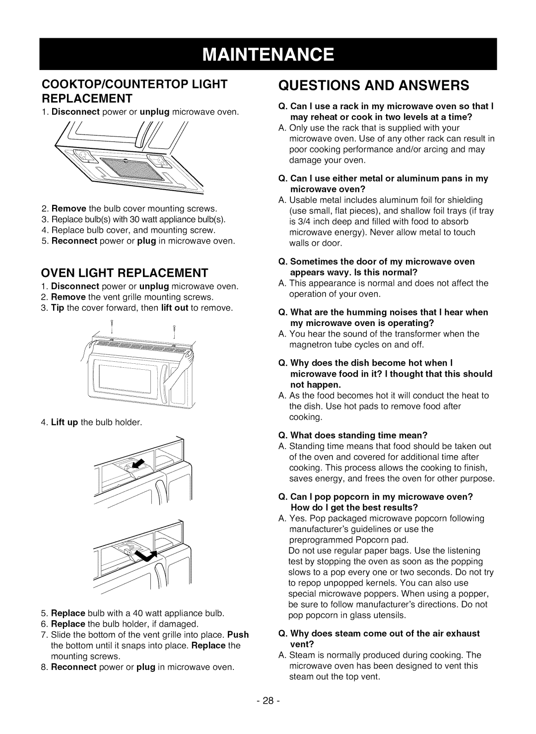 LG Electronics LMV1825SW owner manual Questions and Answers, COOKTOP/COUNTERTOP Light Replacement 