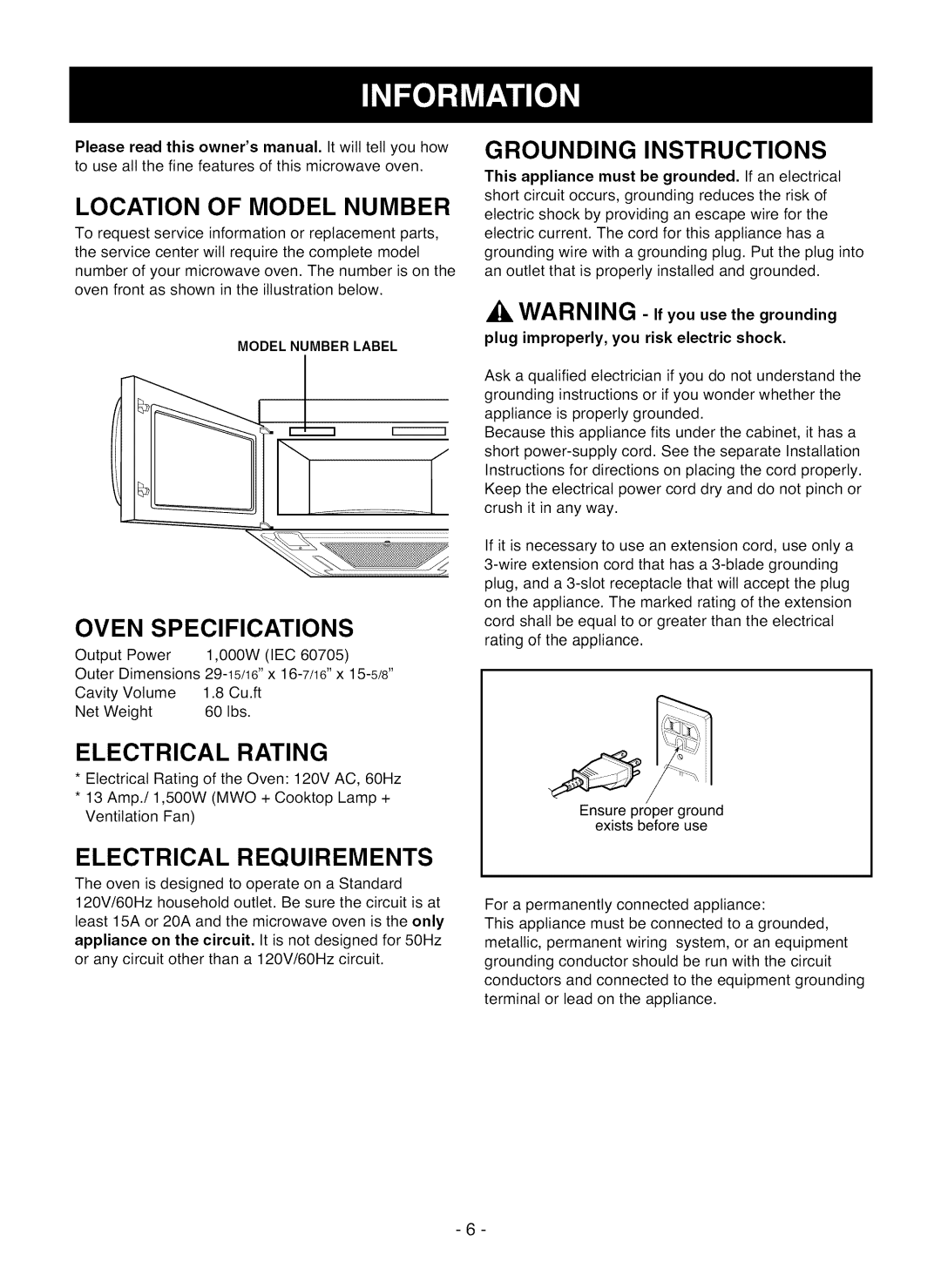 LG Electronics LMV1825SW owner manual Location of Model Number, Electrical Requirements 