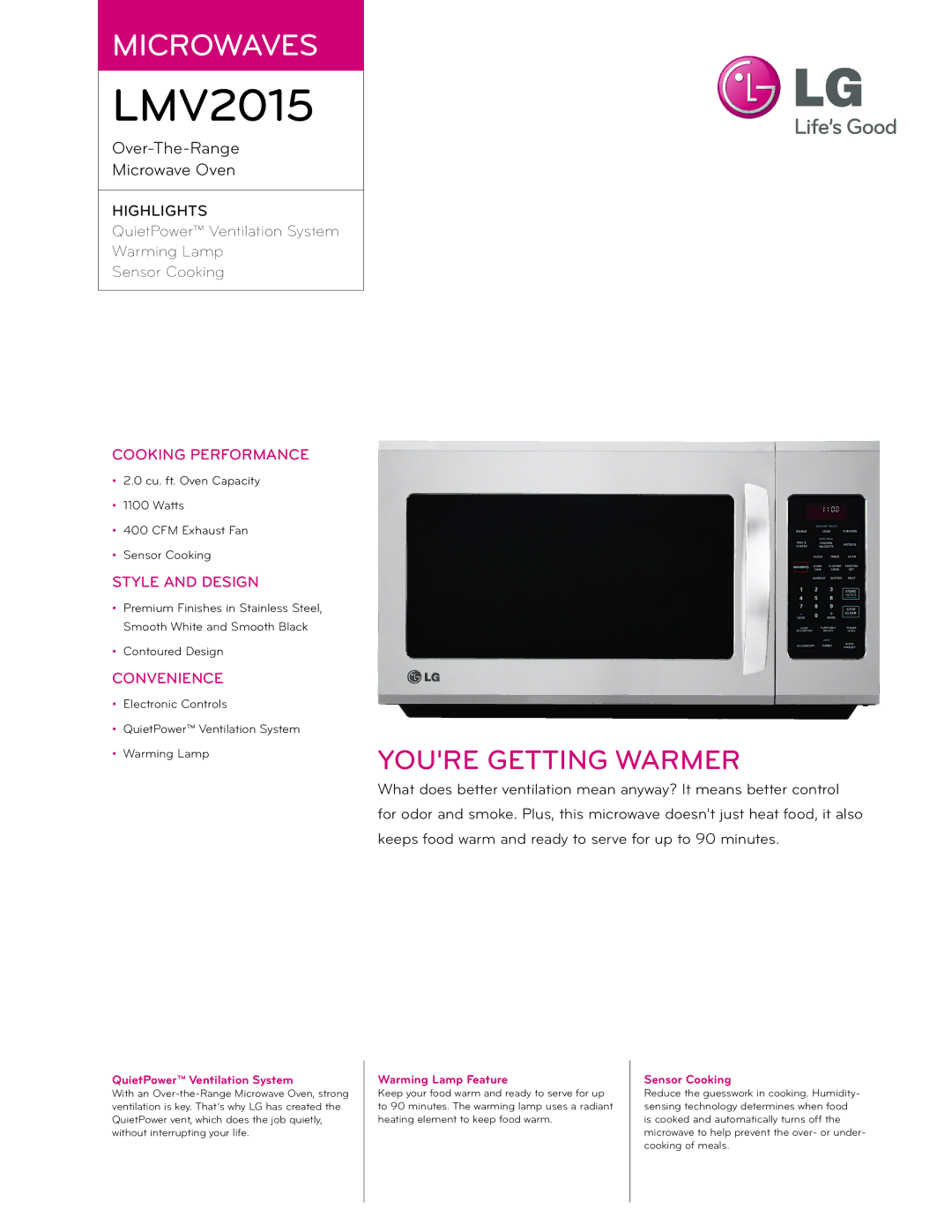 LG Electronics LMV2015 manual QuietPower Ventilation System, Warming Lamp Feature Sensor Cooking 