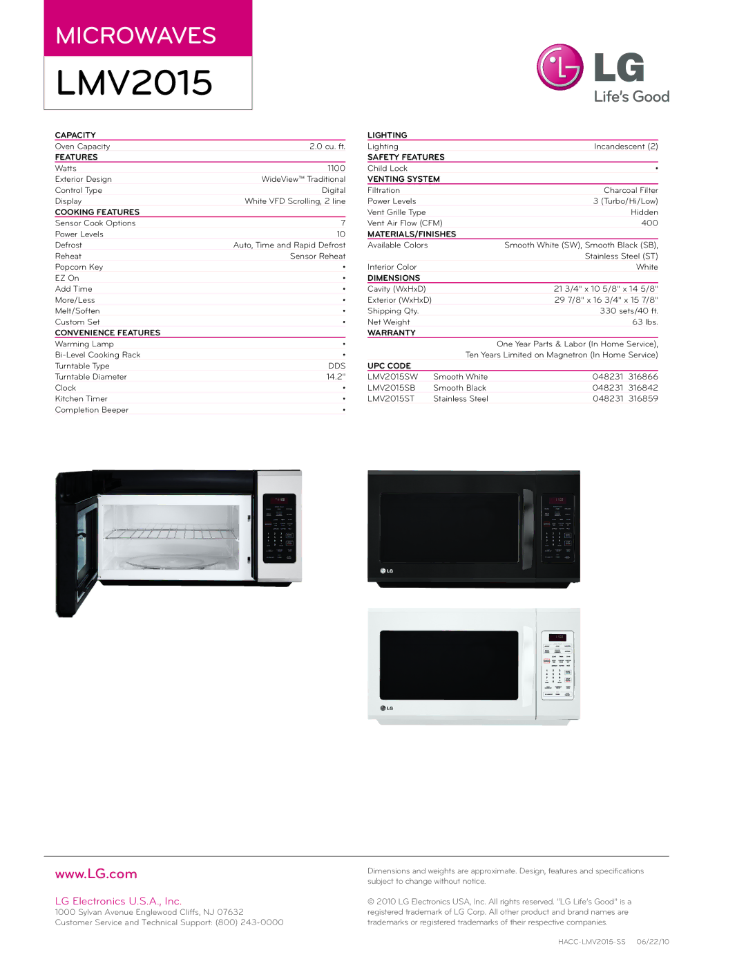 LG Electronics LMV2015 Capacity, Cooking Features, Convenience Features, Lighting, Safety Features, Venting System 