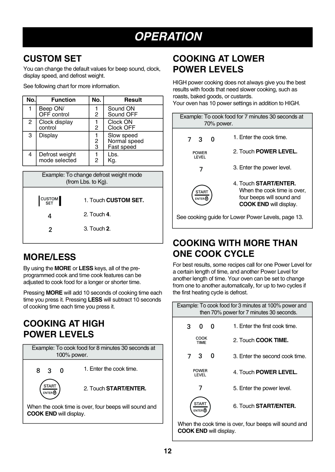 LG Electronics LMV2053SB, LMV2053SW Custom SET, More/Less, Cooking AT High Power Levels, Cooking AT Lower Power Levels 