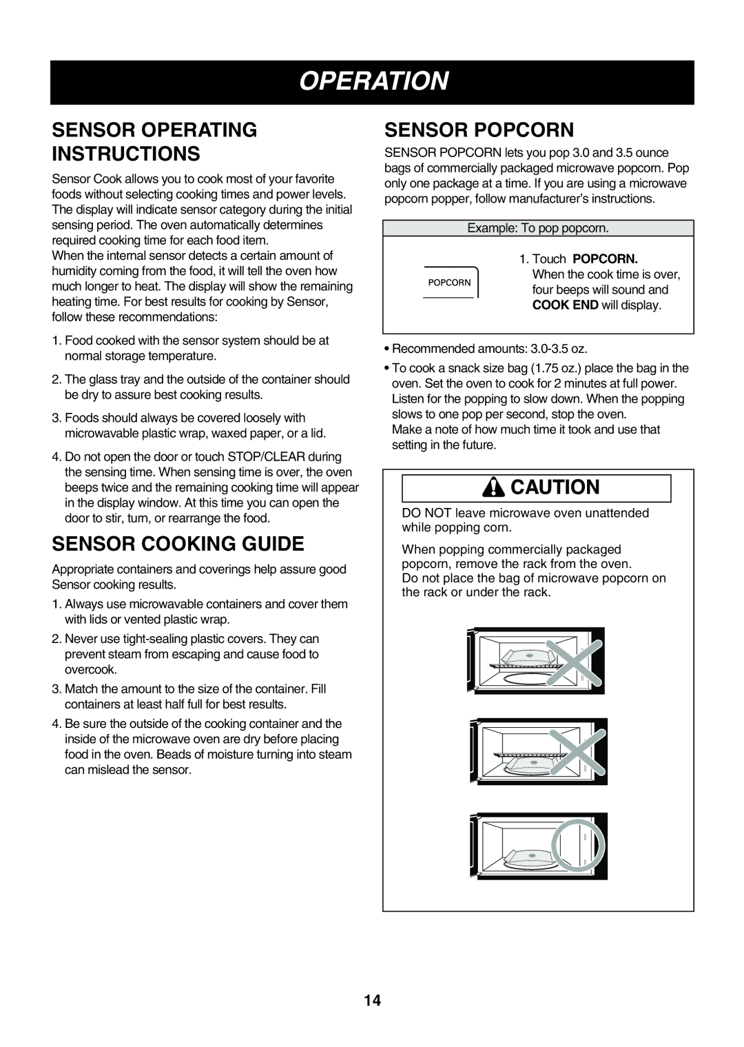 LG Electronics LMV2053ST, LMV2053SB Sensor Operating Instructions, Sensor Cooking Guide, Sensor Popcorn, Touch Popcorn 