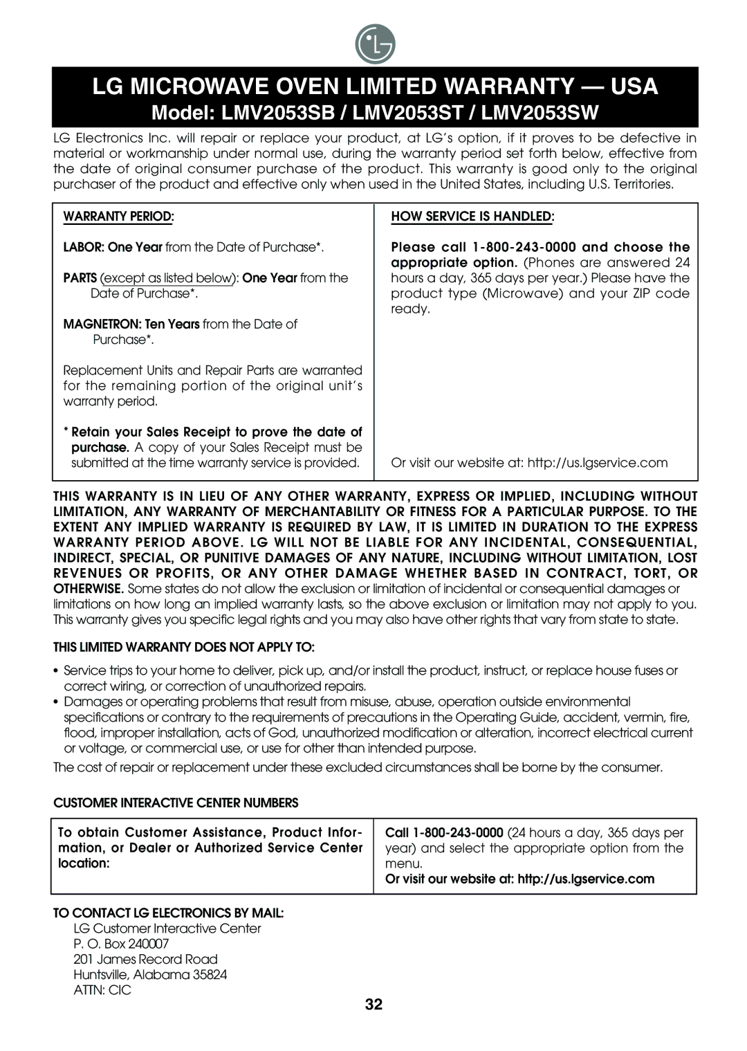 LG Electronics LMV2053ST, LMV2053SB, LMV2053SW owner manual LG Microwave Oven Limited Warranty USA 