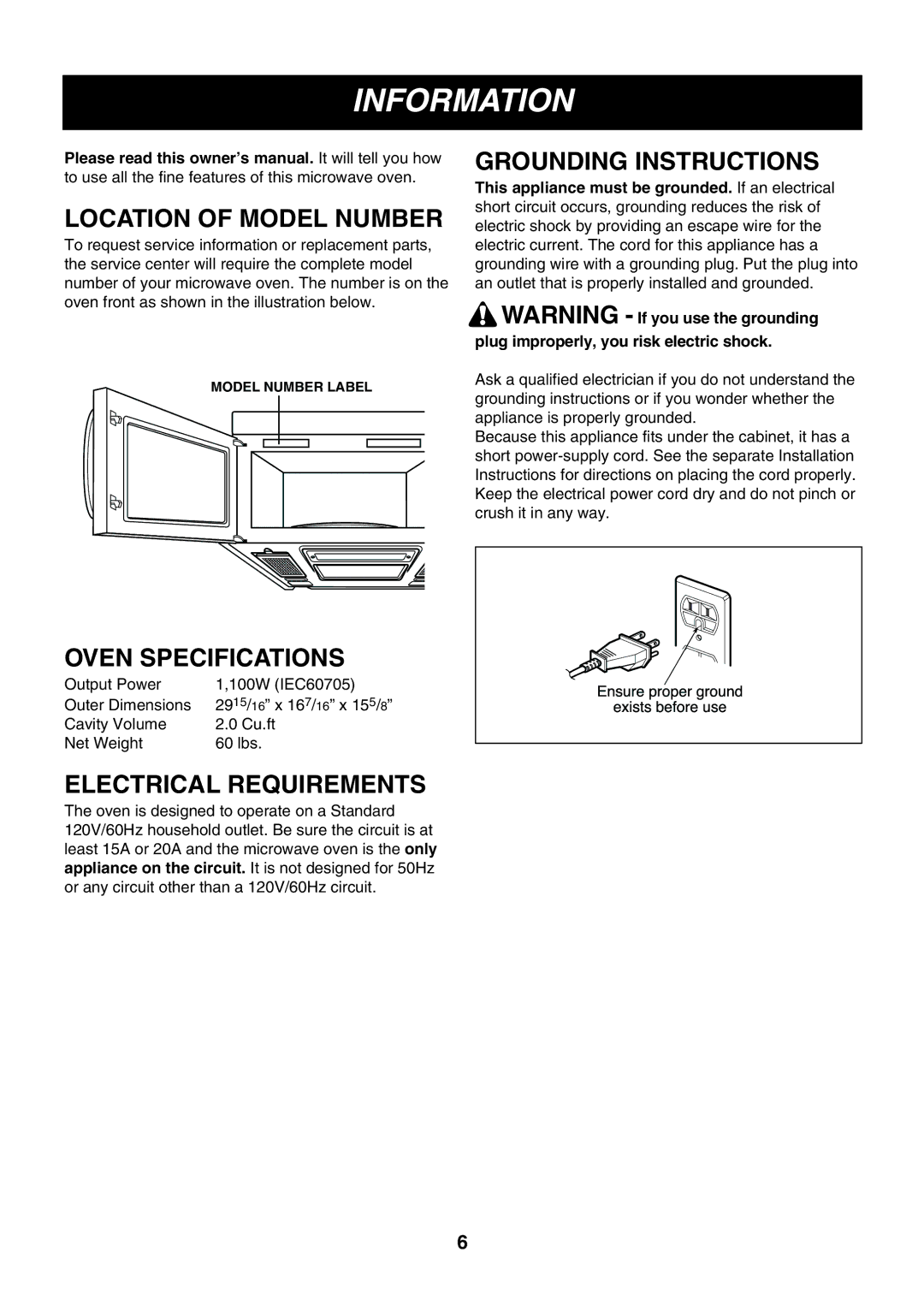 LG Electronics LMV2053SB, LMV2053SW Information, Location of Model Number, Grounding Instructions, Oven Specifications 