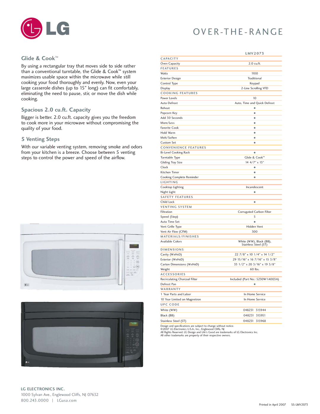 LG Electronics LMV2073 manual Glide & Cook, Spacious 2.0 cu.ft. Capacity, Venting Steps 