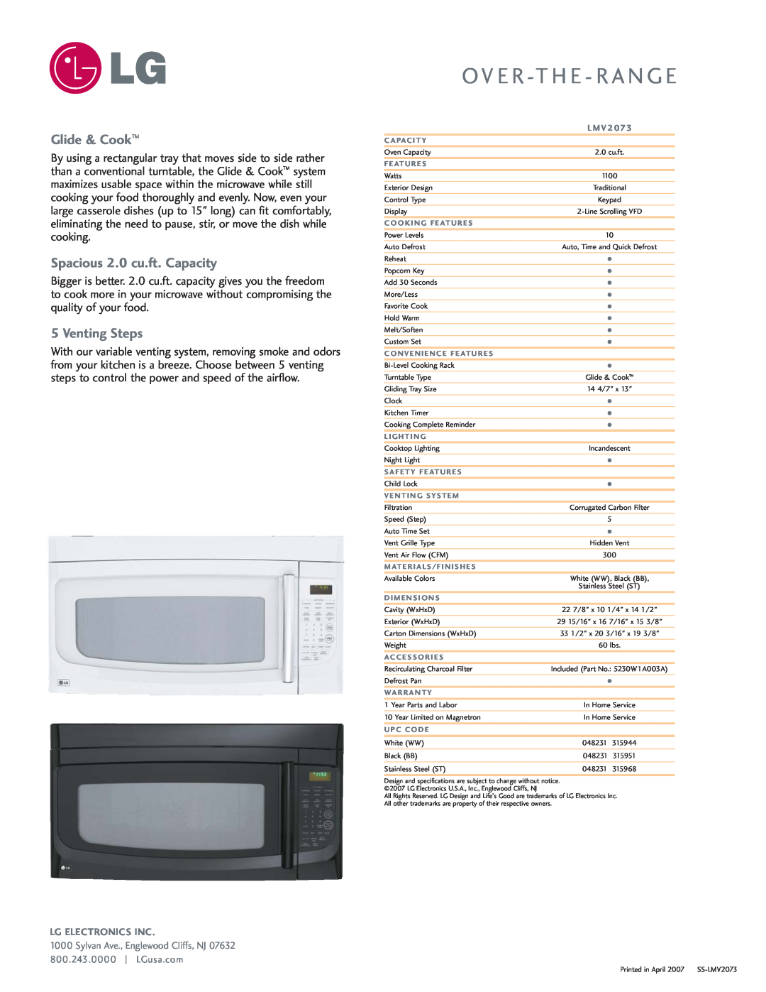 LG Electronics LMV2073 manual Glide & Cook, Spacious 2.0 cu.ft. Capacity, Venting Steps, O V E R -Th E - R A N G E 