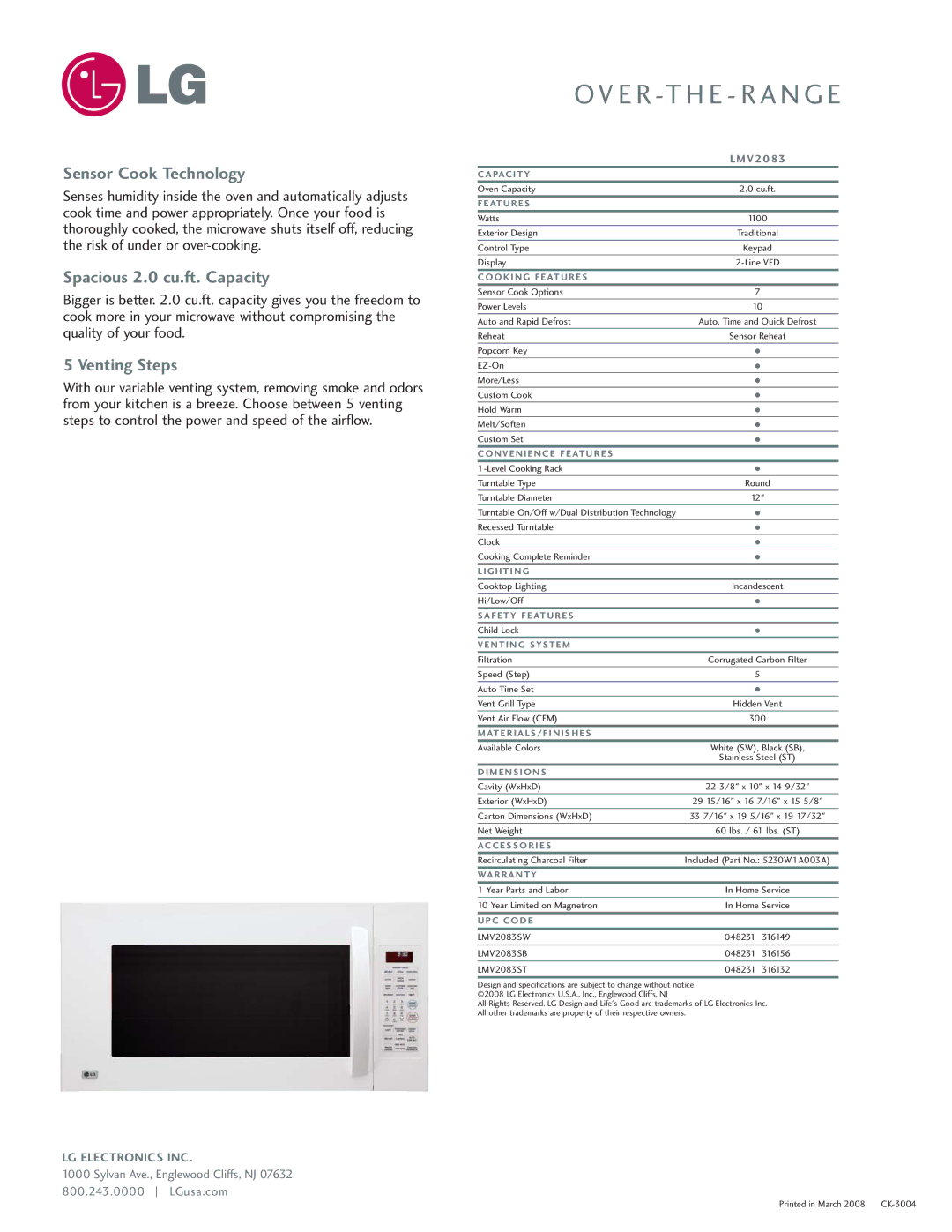 LG Electronics LMV2083 manual Sensor Cook Technology, Spacious 2.0 cu.ft. Capacity, Venting Steps 