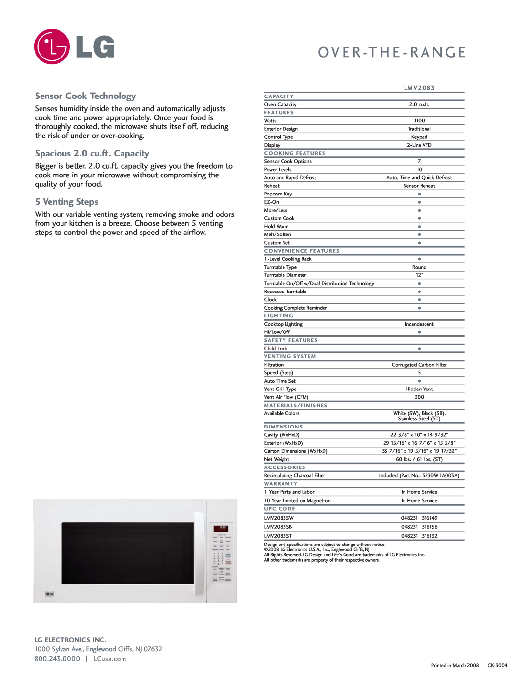 LG Electronics LMV2083 Sensor Cook Technology, Spacious 2.0 cu.ft. Capacity, Venting Steps, O V E R -Th E - R A N G E 
