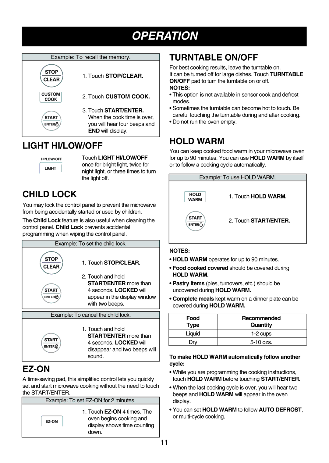 LG Electronics LMV2083SW, LMV2083ST, LMV2083SB owner manual Light HI/LOW/OFF, Child Lock, Ez-On, Turntable ON/OFF, Hold Warm 