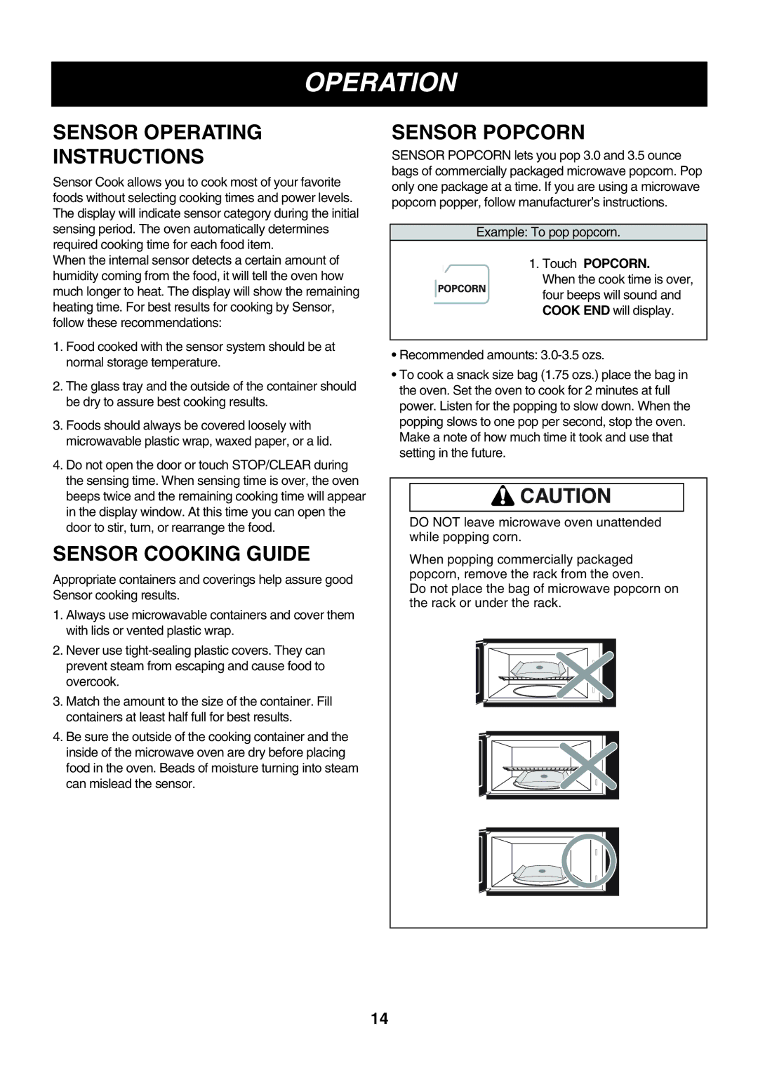 LG Electronics LMV2083SW, LMV2083ST, LMV2083SB Sensor Operating Instructions, Sensor Cooking Guide, Sensor Popcorn 