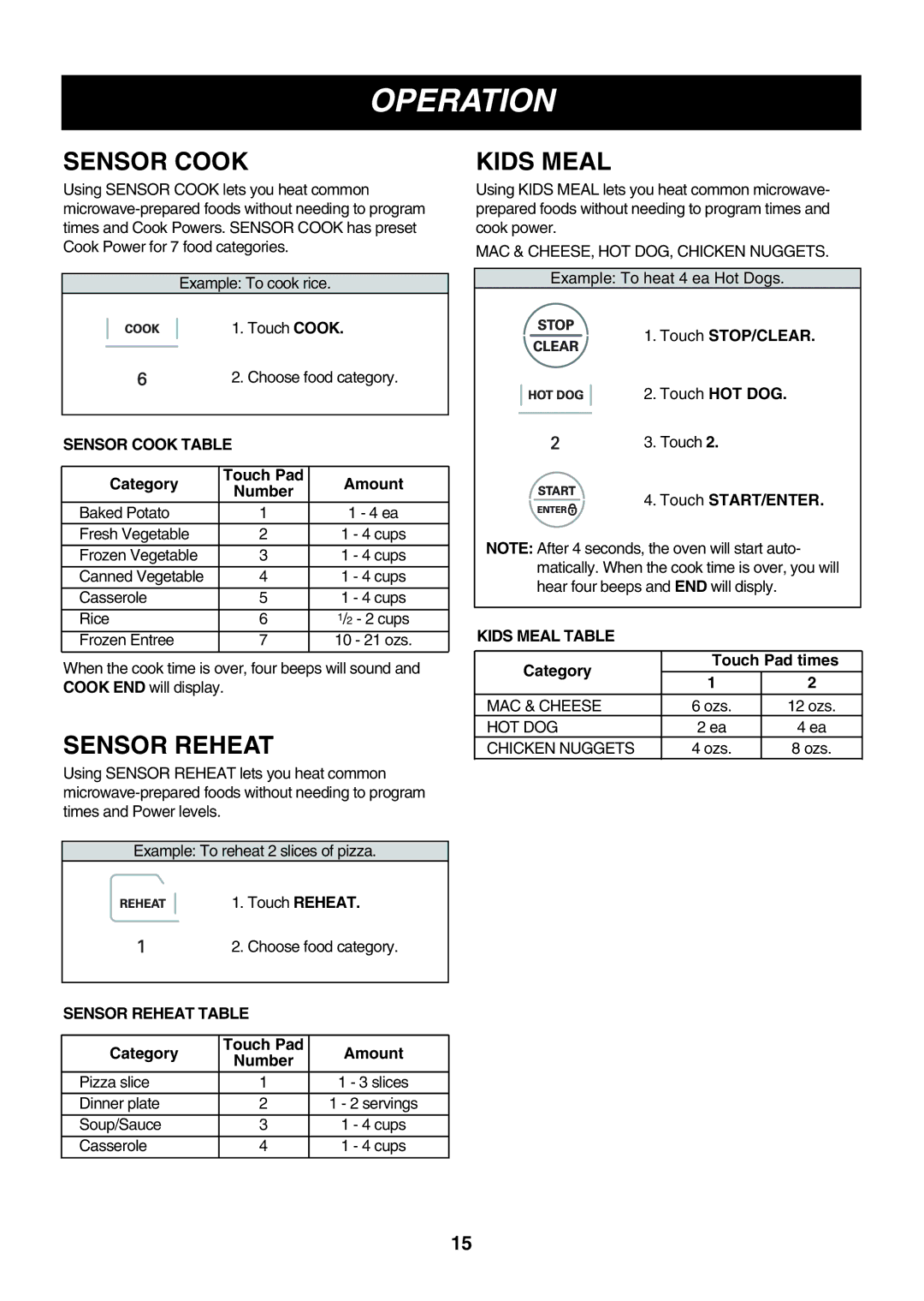 LG Electronics LMV2083ST, LMV2083SB, LMV2083SW owner manual Sensor Cook, Sensor Reheat, Kids Meal 