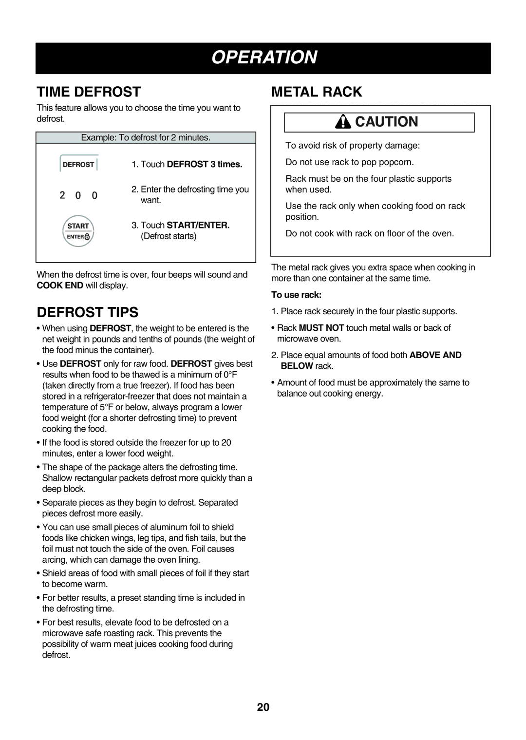 LG Electronics LMV2083SW, LMV2083ST, LMV2083SB Time Defrost, Defrost Tips, Metal Rack, Touch Defrost 3 times, To use rack 