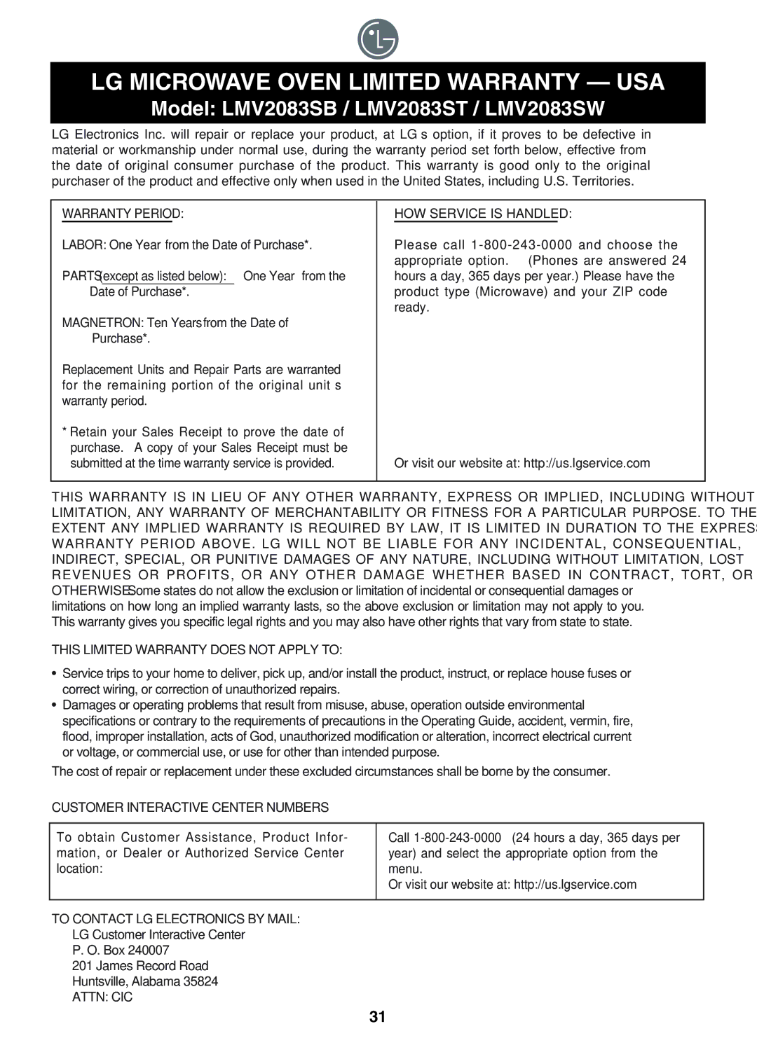 LG Electronics LMV2083SB, LMV2083ST, LMV2083SW owner manual LG Microwave Oven Limited Warranty USA 