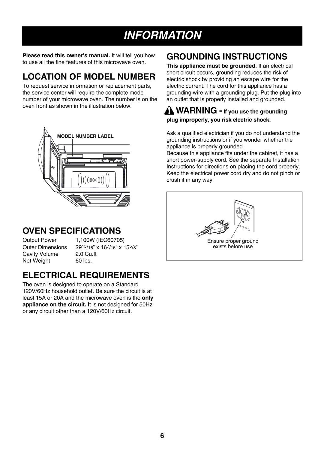 LG Electronics LMV2083ST, LMV2083SB Information, Location of Model Number, Grounding Instructions, Oven Specifications 