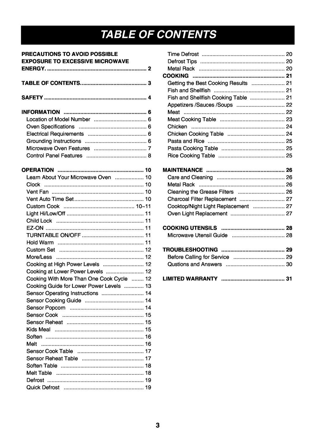 LG Electronics LMV2083ST, LMV2083SB, LMV2083SW owner manual Table Of Contents 