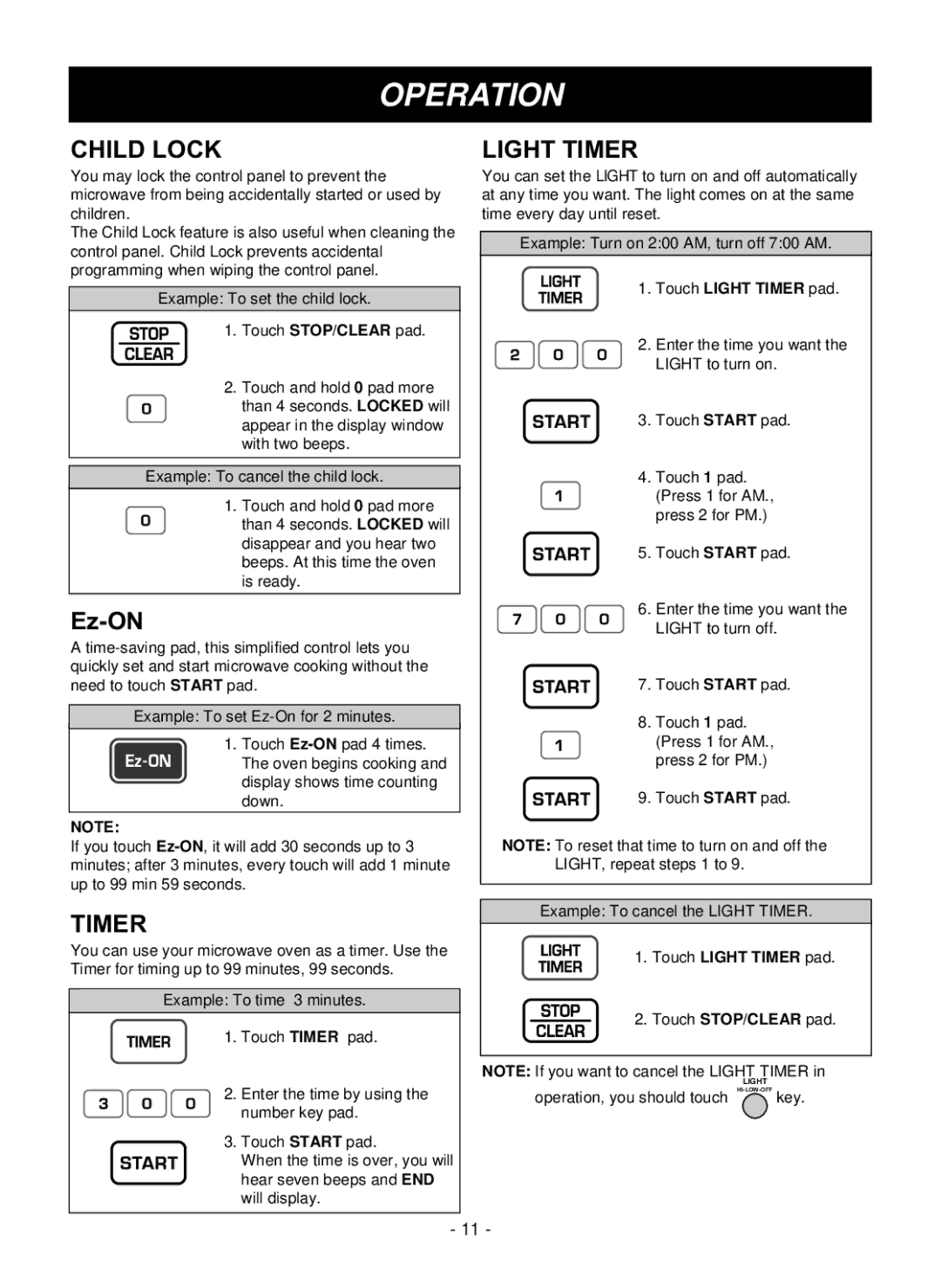 LG Electronics LMVM1955SW, LMVM1955T, LMVM1955SBQ owner manual Child Lock, Light Timer, Touch STOP/CLEAR pad 