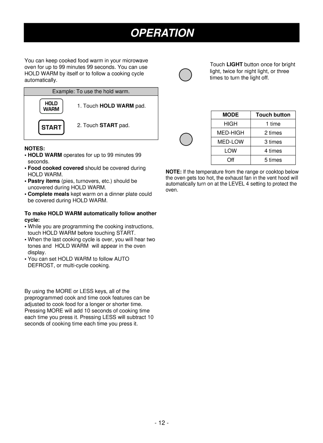 LG Electronics LMVM1955T, LMVM1955SBQ, LMVM1955SW owner manual Hold Warm, More/Less, Light HI-LOW-OFF, Vent 5 Levels, Mode 