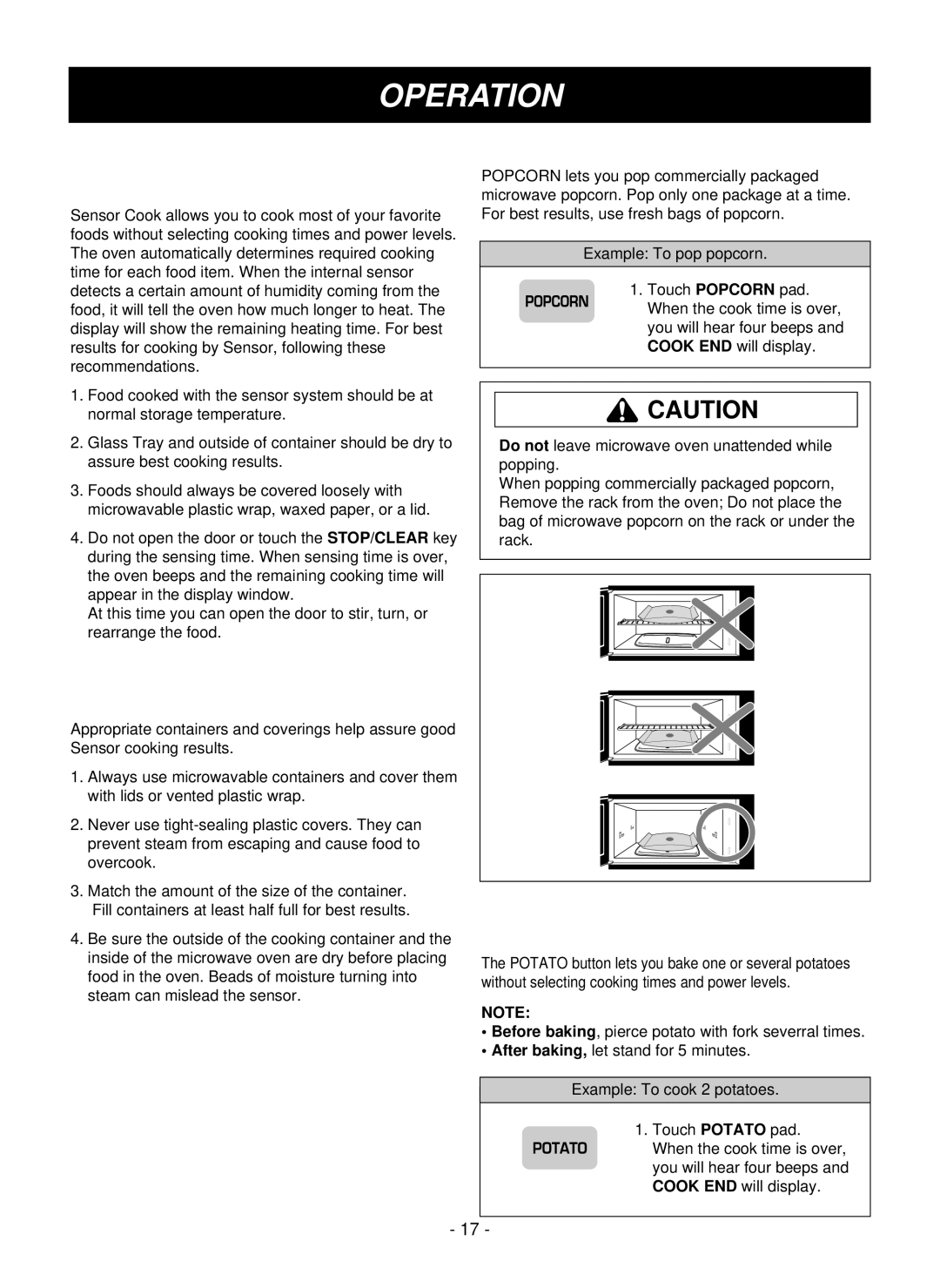 LG Electronics LMVM1955T, LMVM1955SBQ, LMVM1955SW Sensor Operating Instructions, Sensor Cooking Guide, Popcorn, Potato 