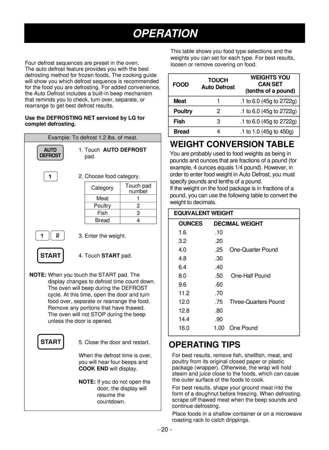 LG Electronics LMVM1955T, LMVM1955SB Auto Defrost, Weight Conversion Table, Operating Tips, Touch Weights YOU Food 