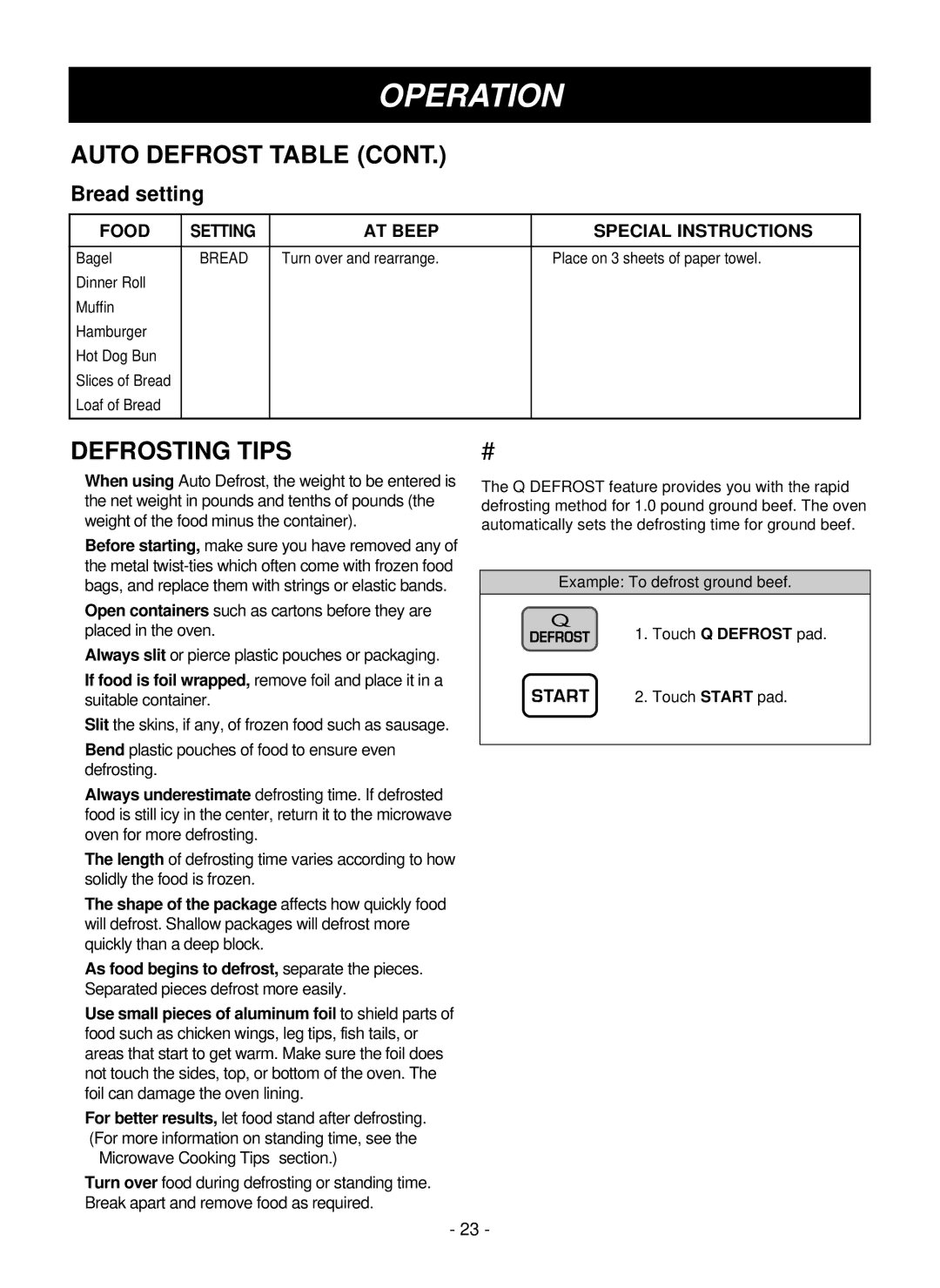 LG Electronics LMVM1955SW, LMVM1955T, LMVM1955SBQ owner manual Defrosting Tips, Bread setting 