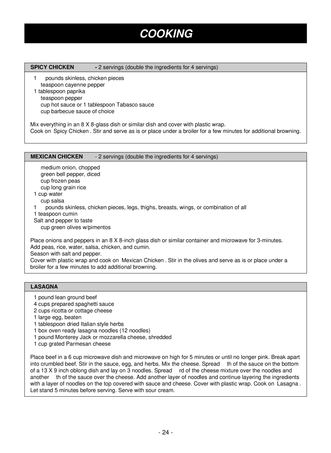 LG Electronics LMVM1955T Cooking, Recipe Guide, Spicy Chicken, Servings double the ingredients for 4 servings, Lasagna 